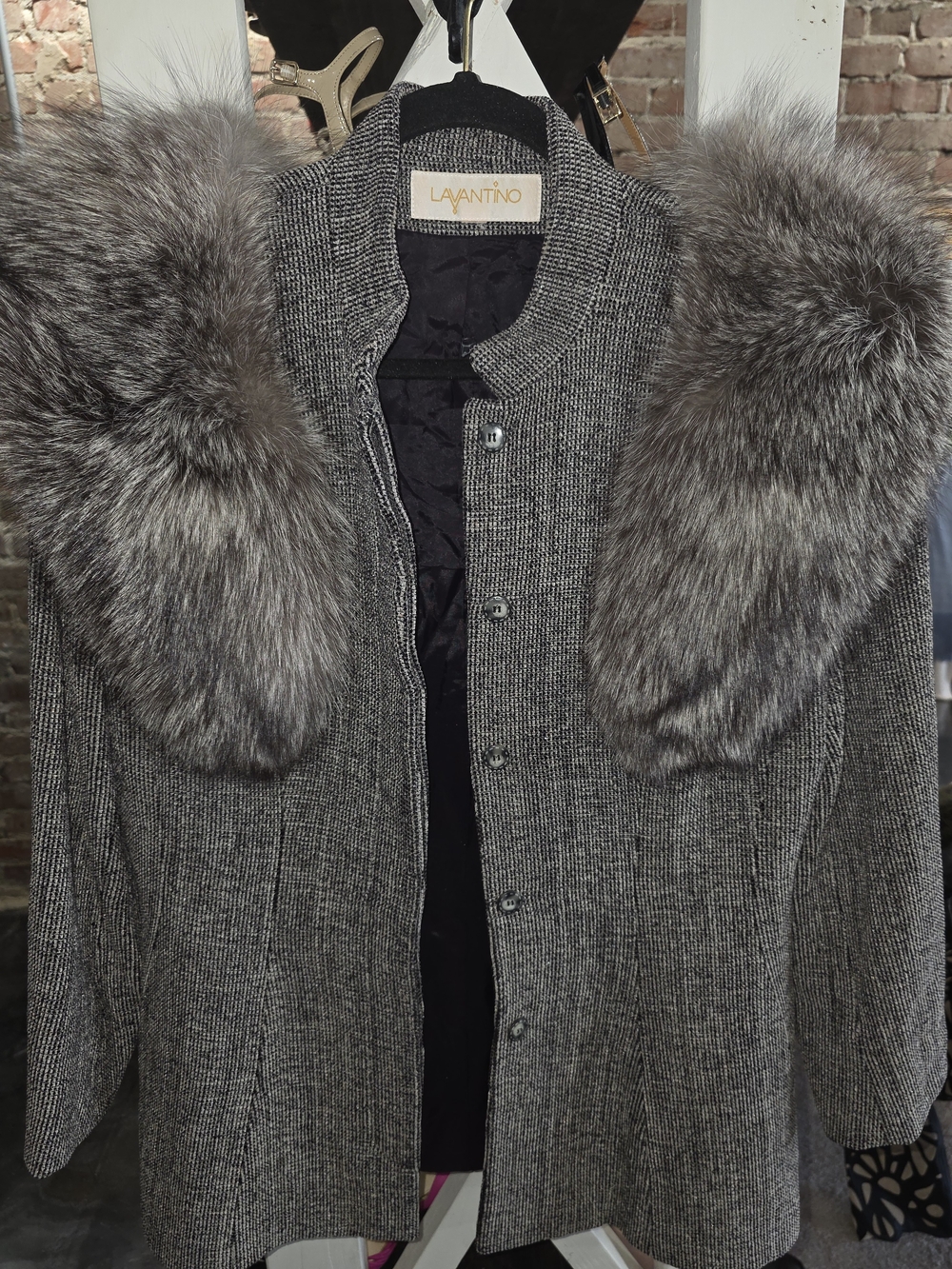 Womens Gray Tweed Pea Coat with Removable Fur Collar